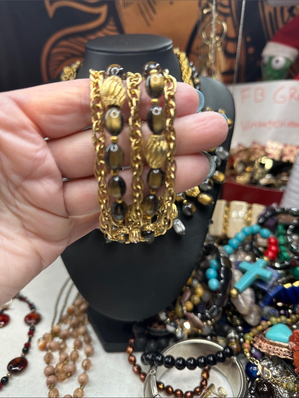 Kramer Signed Gold and Black Beaded Statement Necklace and Matching Bracelet - - Picture 5 of 7